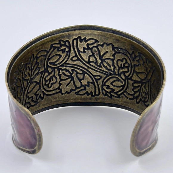 Vintage Cuff Bracelet Boho Chunky Vine Leaves Purple Floral Jewelry Brass Tone - Picture 4 of 7